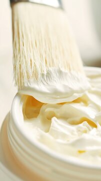 Luxurious creamy skincare product in a jar with soft-brush textured surface. Macro shot in warm sunlight highlights its rich, whipped, spa-inspired consistency.