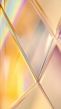 Macro image of a glass prism with sharp triangular geometry and golden light reflections. Subtle rainbow highlights and cinematic blur create an elegant abstract scene.