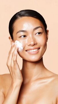 A woman applies cleansing foam in a luminous skincare beauty portrait. Glowing, hydrated skin contrasts against soft peach tones for a modern, approachable campaign style.