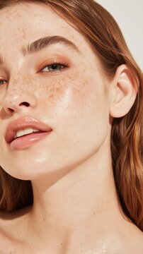 Close-up of luminous skin with natural freckles and dewy glow. Healthy, hydrated complexion gleams softly in calm, neutral daylight for a radiant beauty look.