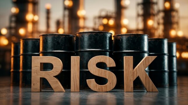 Conceptual image of the word RISK before a row of oil barrels in an industrial environment.