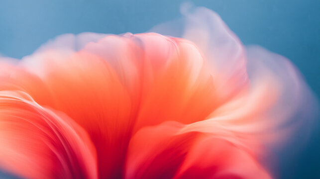 A dreamy abstract flower with blurred peach and red tones against a cool blue background. Soft airbrush gradients and subtle grain evoke warm, painterly spring vibes.