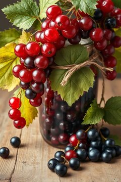  Fresh red and black currants with green leaves arranged around a glass jar on a wooden table