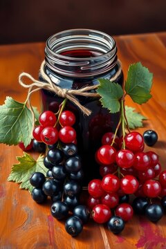 Glass jar of homemade berry jam surrounded by bunches of fresh red and black currants
