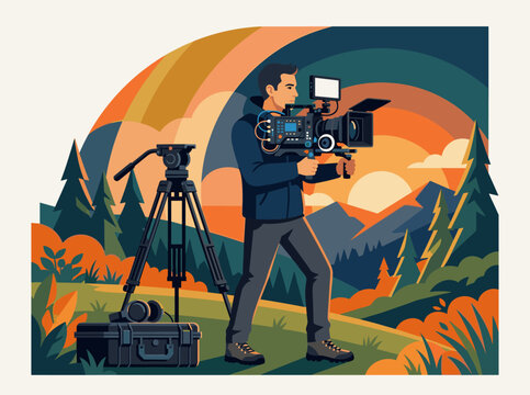Vector flat design ilustration of cameraman recording nature landscape video