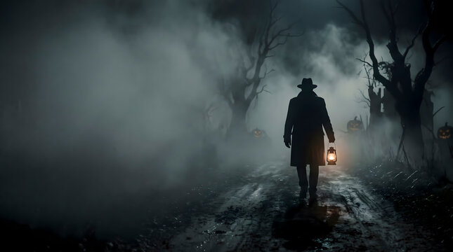 Person with lantern walking on foggy road at night.