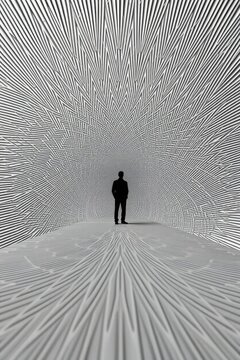 Surreal black and white optical art illustration of a man standing inside an intricate line tunnel