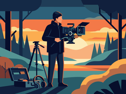 Vector flat design illustration of cameraman shooting landscape video outdoors