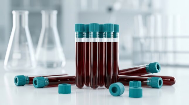 Medical testing tubes containing red blood samples arranged in a professional lab.