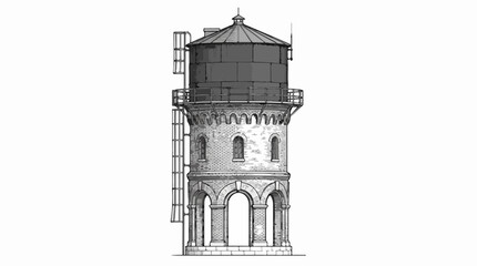 Obraz premium Vintage industrial water tower architectural line art isolated on white