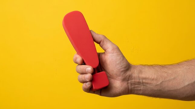 Close-up of a hand holding a red warning sign symbol on a yellow backdrop.