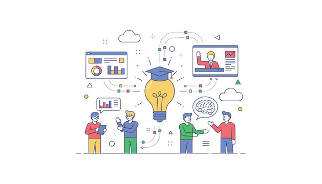 Creative education concept with professional team collaborating around a large lightbulb wearing a graduation cap.