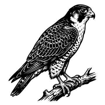 Black and white of a peregrine falcon perched on a tree branch, isolated on a white background, detailed bird of prey