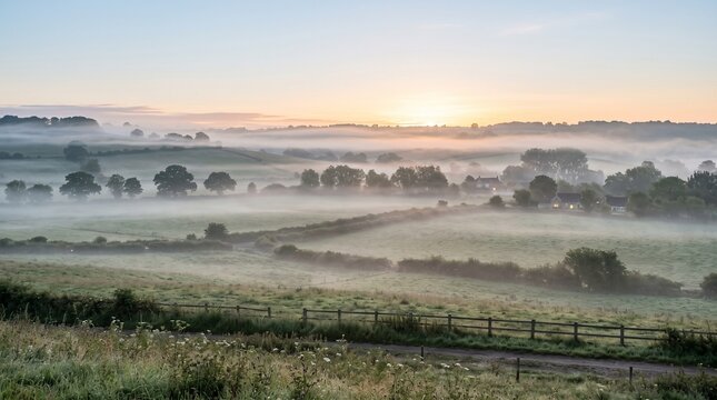 Beautiful misty sunrise over rolling rural landscape and green hills in morning light