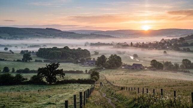 Scenic English countryside landscape at sunrise with thick morning mist over rolling green hills