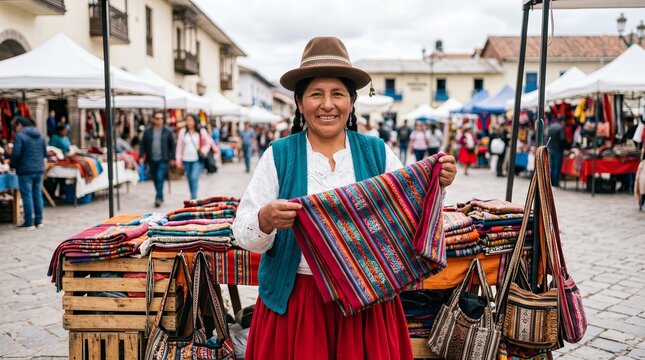 Traditional colorful textiles being sold by a Peruvian woman at a local market.