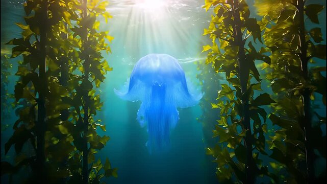 Glowing blue jellyfish swimming upward in a vibrant underwater kelp forest with sun rays