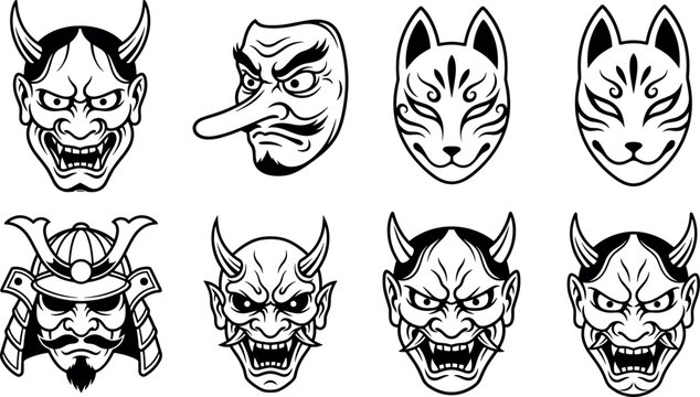 Japanese traditional mask vector set featuring Oni demon Hanya Tengu Kitsune fox and samurai helmet head designs.