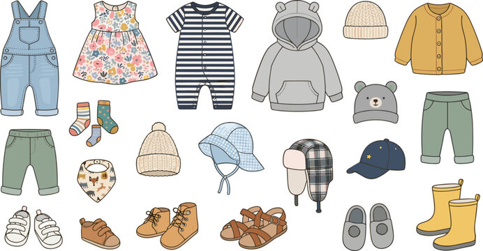 Cute Baby Clothing Collection Set with Overalls, Dresses, Hoodies, Hats, Shoes and Kids Fashion Accessories Vector Illustration