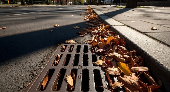 Fallen autumn leaves clogging a storm drain on a city street. Close-up of dry foliage collected at the curb on a sunny fall day