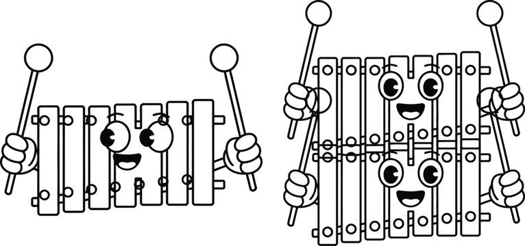 Cute Xylophone Cartoon Character Vector Illustration Set. Musical Instrument with Happy Face, Hands, and Drum Sticks for Kids Education and Audiovisual Design Projects