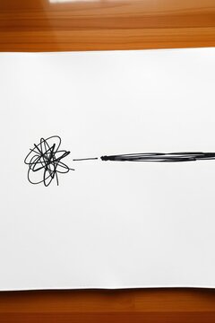 Minimalist drawing of a tangled scribble untangling into a straight line on white paper