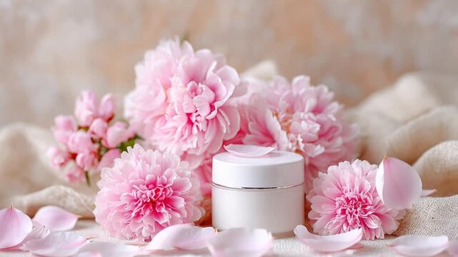Elegant skincare jar surrounded by delicate pink flowers and soft fabric aesthetic