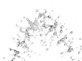 Fototapeta premium Clear Water Droplets Suspended in Air, Fresh Clean Liquid Texture and Dynamic Motion Concept Isolated on White Background