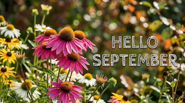 Hello september text with bright pink coneflower and yellow daisy flowers, ideal for creating a fresh and vibrant floral greeting for late summer and early autumn occasions.