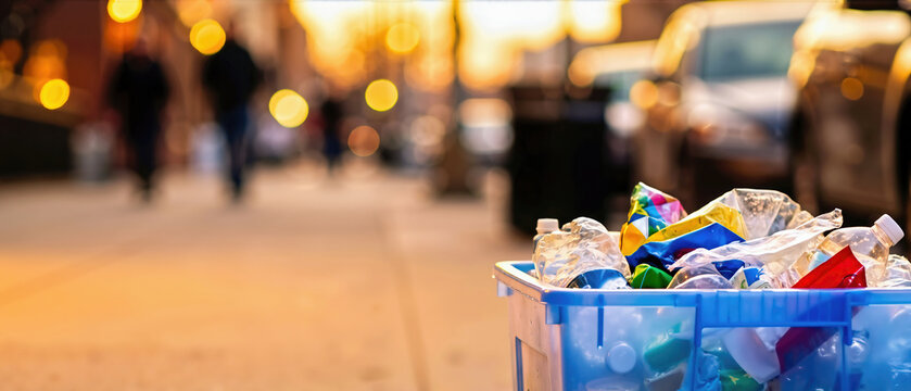 Blue recycling bin filled with plastic waste on a city sidewalk at sunset. Urban garbage collection and environmental sustainability concept with blurred pedestrians