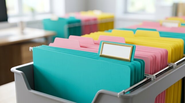 Vibrant file folders with labels displayed in a professional and organized filing system.