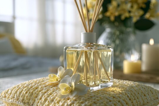 Aroma diffuser with wooden sticks and yellow oil in a square glass bottle resting on a yellow knitted cushion with white orchid flowers