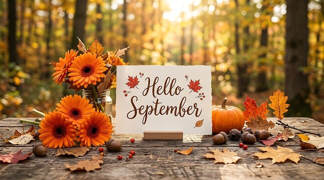 Hello september greeting sign on wooden table surrounded by autumn flowers pumpkin acorns and fall leaves in warm sunlight for seasonal decor and invitations.