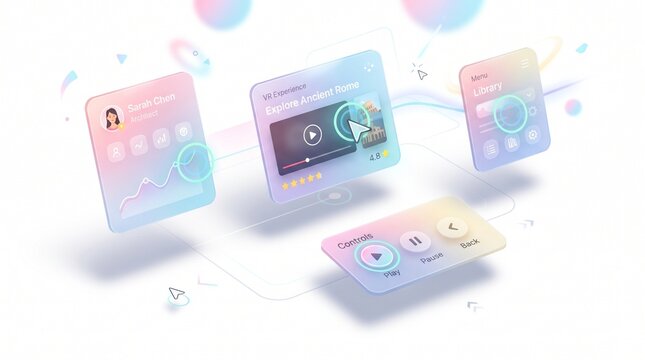 Futuristic 3D Glassmorphism User Interface Floating Panels with Multimedia and Analytics Widgets