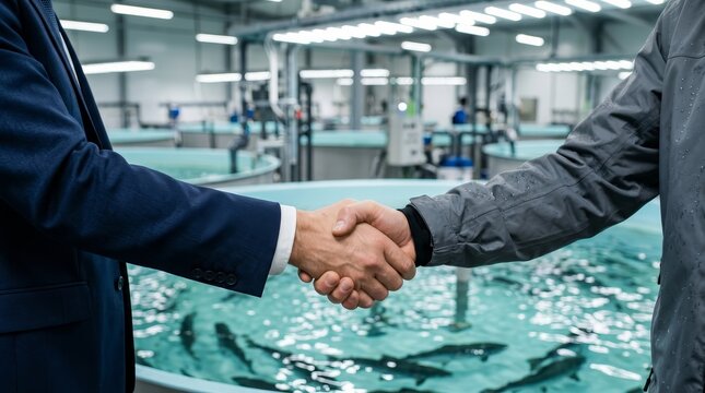 Professional business deal during a meeting at an indoor fish farming and aquaculture center.