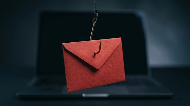 Digital deception concept featuring a red envelope on a fishhook to illustrate phishing risks.