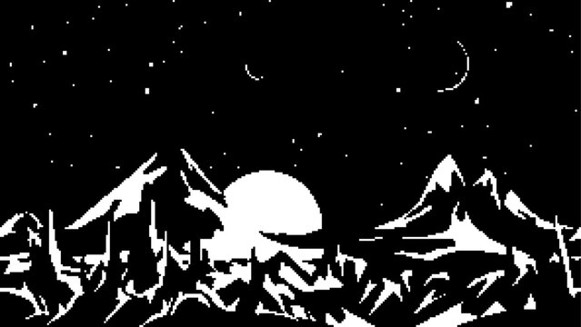 Pixel art alien planet landscape with mountains full moon and starry night sky