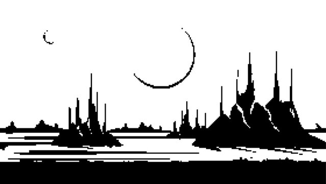 Pixel art sci-fi alien landscape with futuristic structures and two moons