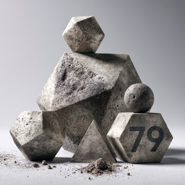 Minimalist composition with geometric concrete shapes, polyhedrons, sphere, and number 79 on grey background