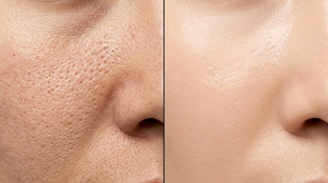 Before and after comparison of skin texture showing enlarged pores and smooth skin.