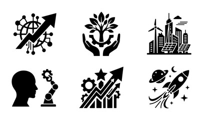 Fototapeta premium Modern Technology and Sustainability Icons: Growth, Innovation, Eco-Friendly City, Robotics, Future Concepts