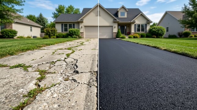 Extensively cracked driveway surface on the left versus smooth new asphalt resurfacing on the right.