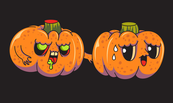 Sick zombie pumpkin character drooling slime next to scared pumpkin vector