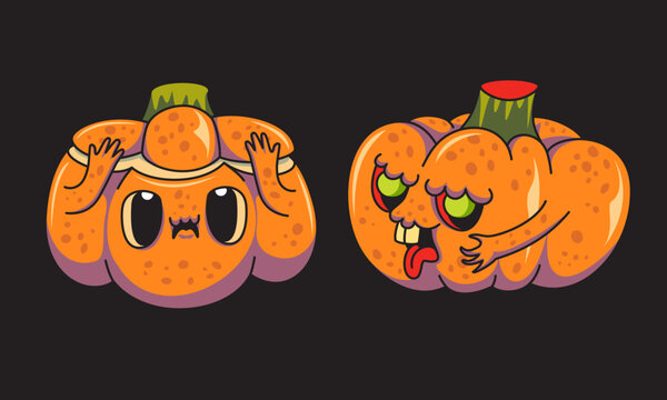 Cute and scary zombie pumpkins character vector set for Halloween design