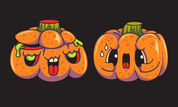 Funny zombie pumpkin monster with green slime and scared pumpkin character vector