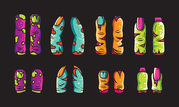 Spooky zombie fingers vector set with colorful nails and stitches for Halloween design