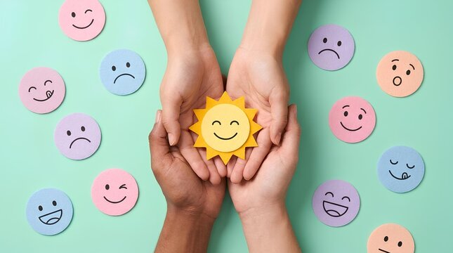 Hands holding a happy sun smiley face surrounded by various emotion emoji stickers.