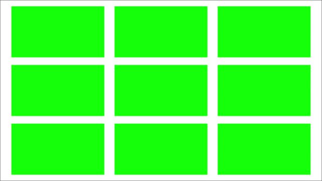 Grid or collage with Green Screen Grid Animation with Nine Rectangle Panels Split Screen Layout Template for Video Editing, Collage Displays, Multi Frame Effects, green screen bento animation