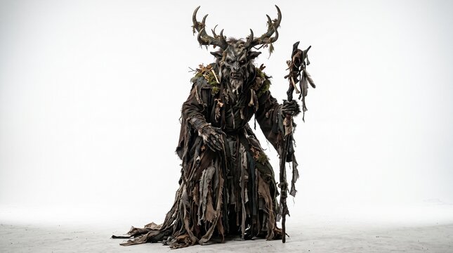 Wendigo Forest Demon with Deer Antlers and Staff Standing on White Background