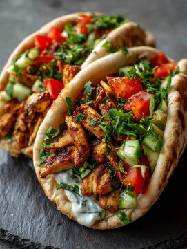 Chicken shawarma pita bread with fresh vegetables